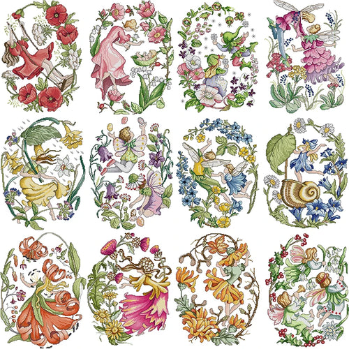 12 Flowers Fairy Series DIY Needle Thread Embroidery Kit - AIMDIY