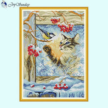 Load image into Gallery viewer, Winter Cat and Bird Cross Stitch Kit - AIMDIY
