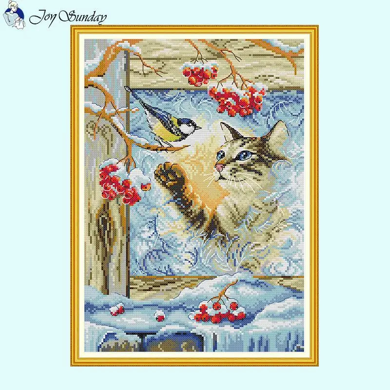 Winter Cat and Bird Cross Stitch Kit - AIMDIY