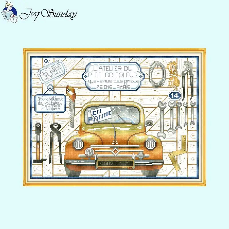 Auto Repair Room Stamped Cross Stitch Kit DIY Cartoon Car Patterns - AIMDIY