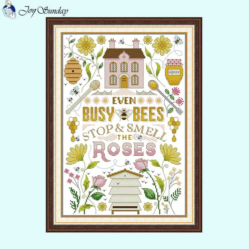 DIY Bee House Cartoon Cross Stitch Kit with Stamped Canvas for Handmade Embroidery