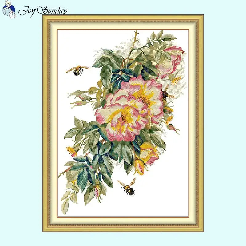 Bees and Roses Floral Pattern - Cross Stitch Kit