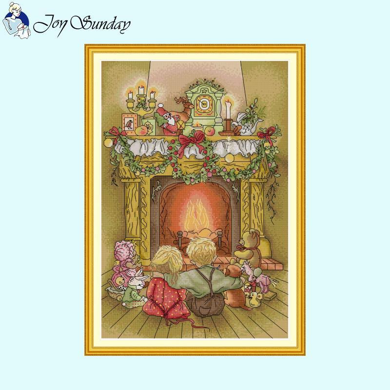 Brother and Sister by the Fireplace DIY Cartoon Character Cross Stitch Kits - AIMDIY