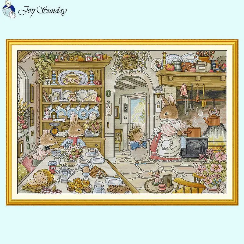 DIY Kids Handmade Cross Stitch Embroidery Bunny's Kitchen Cartoon - AIMDIY