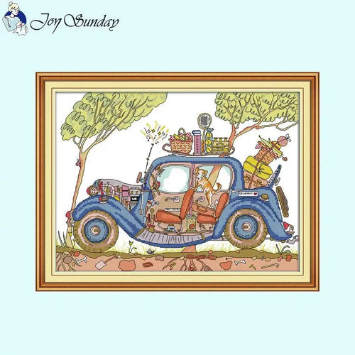 Cartoon Patterns Wagon Cross Stitch Kit White Printed Fabric - AIMDIY