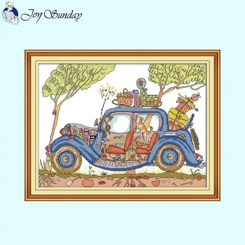 Cartoon Patterns Wagon Cross Stitch Kit White Printed Fabric - AIMDIY