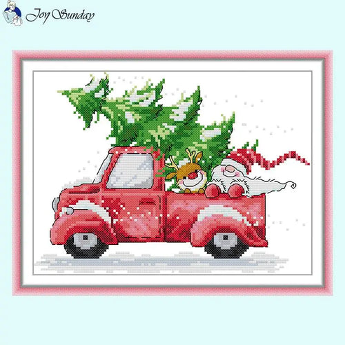 Christmas Red Car 14ct White Stamped Canvas Fabric - AIMDIY