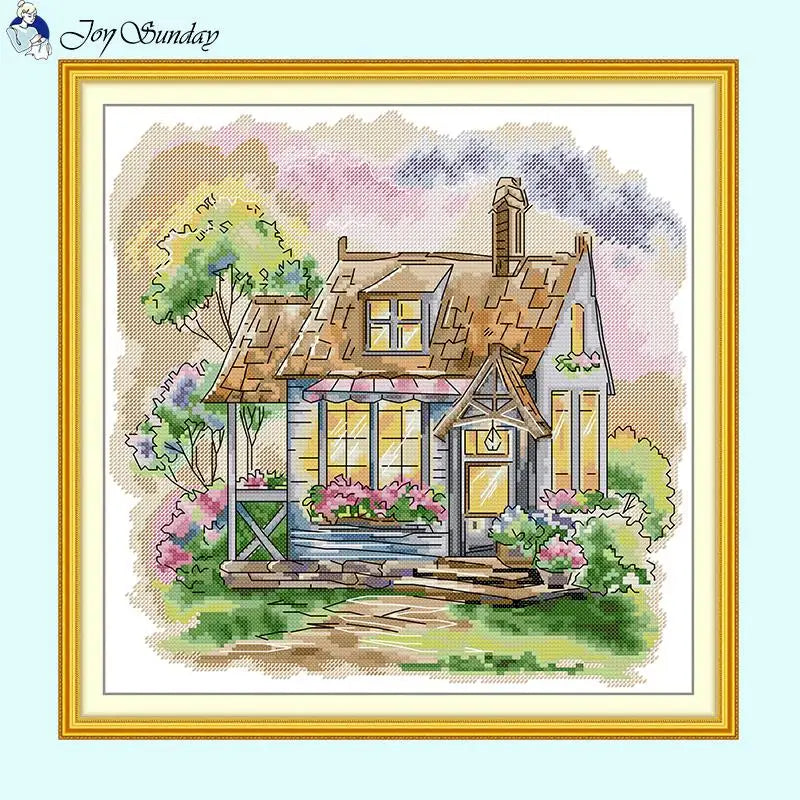 Dream Home Joy Sunday Scenic Cross Stitch Kit with Stamped Canvas for Handmade Embroidery