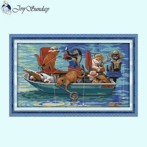 Fishing Kitten DIY Cartoon Animal Cross Stitch Kits - AIMDIY