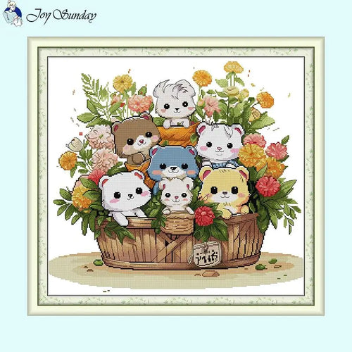 Flower Basket Cat Animal Cross Stitch Kit - AIMDIY