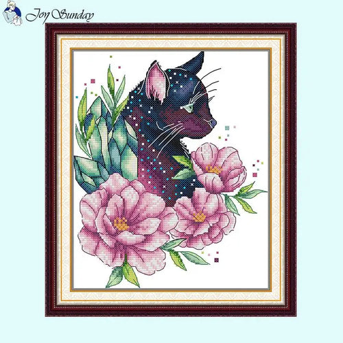 Flowering Black Cat Cartoon Pattern Cross Stitch - AIMDIY