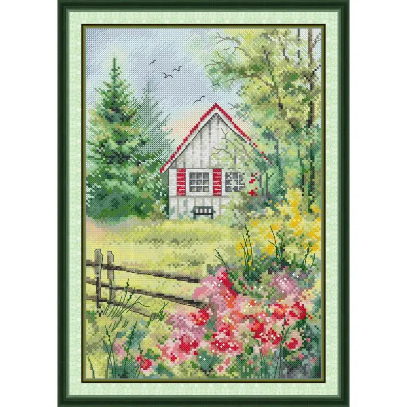 Garden Cottage Scenery Printed Joy Sunday Cross Stitch Kit - AIMDIY