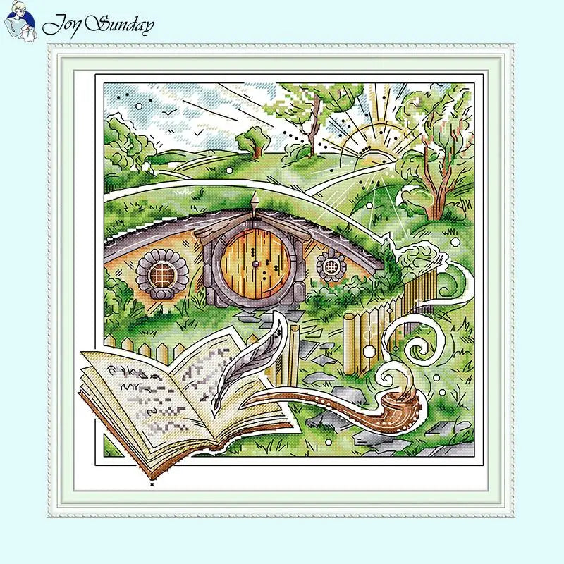 11CT Counted Printed Fabric House of Dwarfs Landscape Cross Stitch Kits - AIMDIY