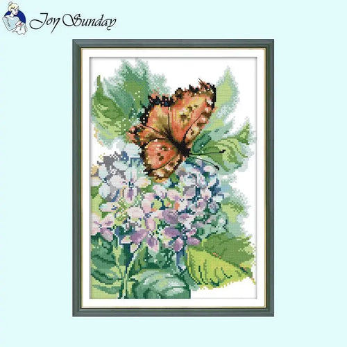 Hydrangea with Butterfly - DIY Floral Pattern Printed Cross Stitch - AIMDIY