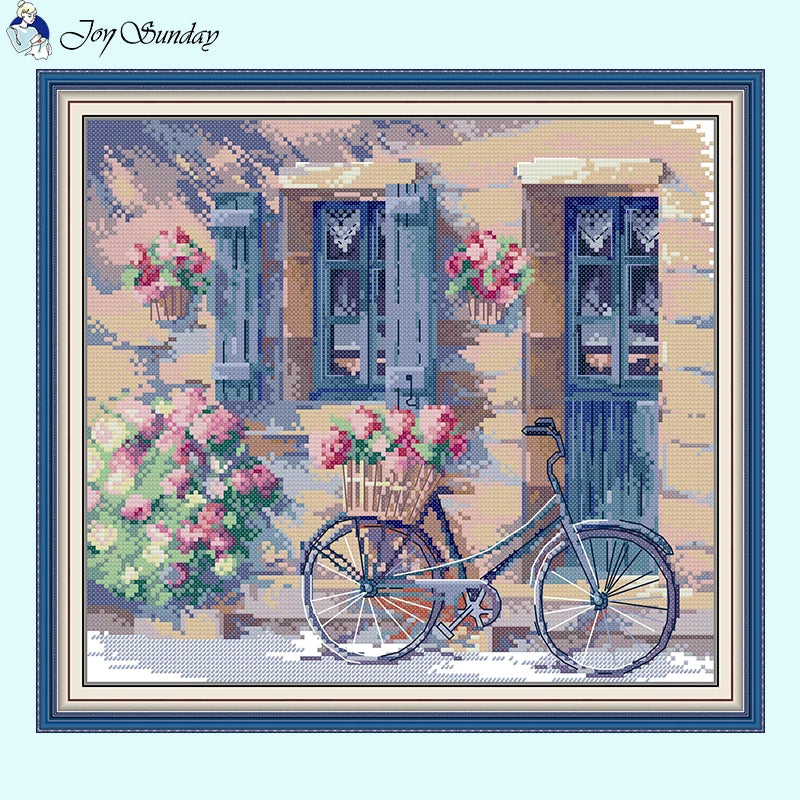 Flowers and Bicycles Landscape Patterns Cross Stitch Embroidery - AIMDIY