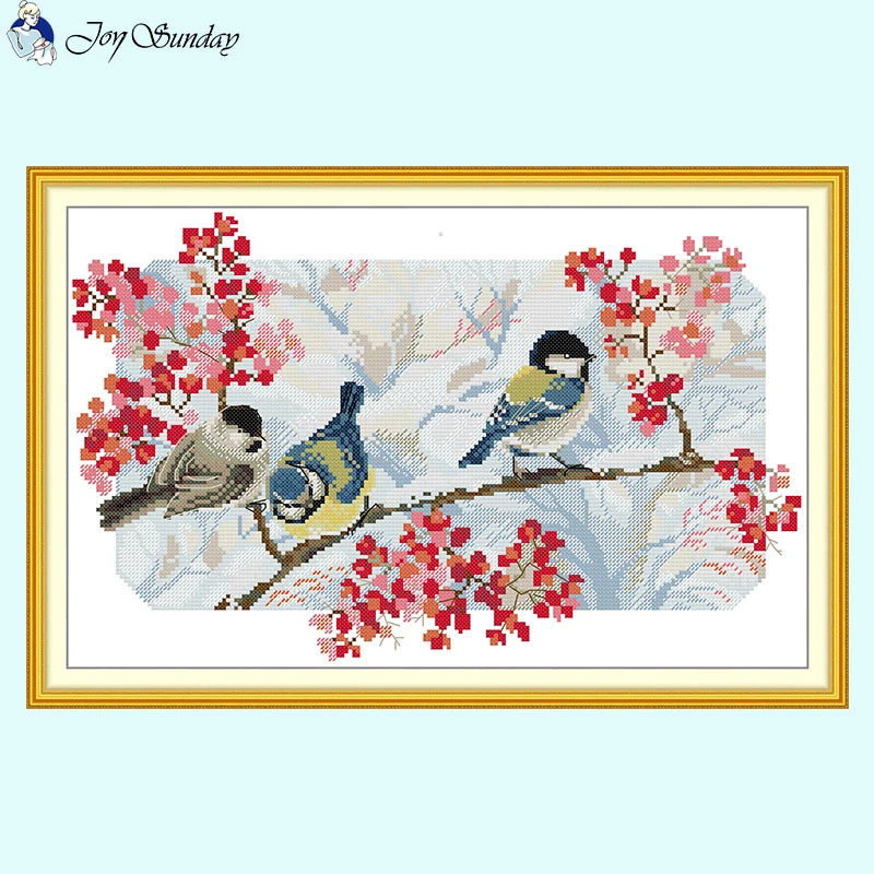 Three Birds Pattern Cross Stitch Kit 14ct White Canvas - AIMDIY