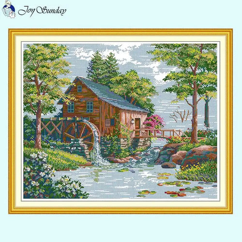 Water Mill Scenery Printed Cross Stitch Kit - AIMDIY