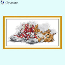 Load image into Gallery viewer, Kitten Playing With Shoelace Cross Stitch Kits Animal Patterns - AIMDIY
