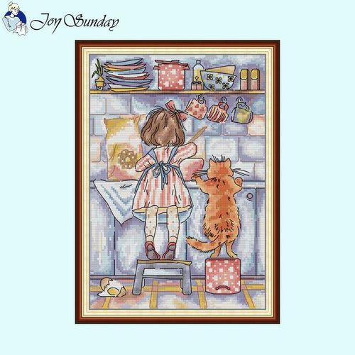 Little Girl And Kitten Making Pie Cross Stitch Kits - AIMDIY