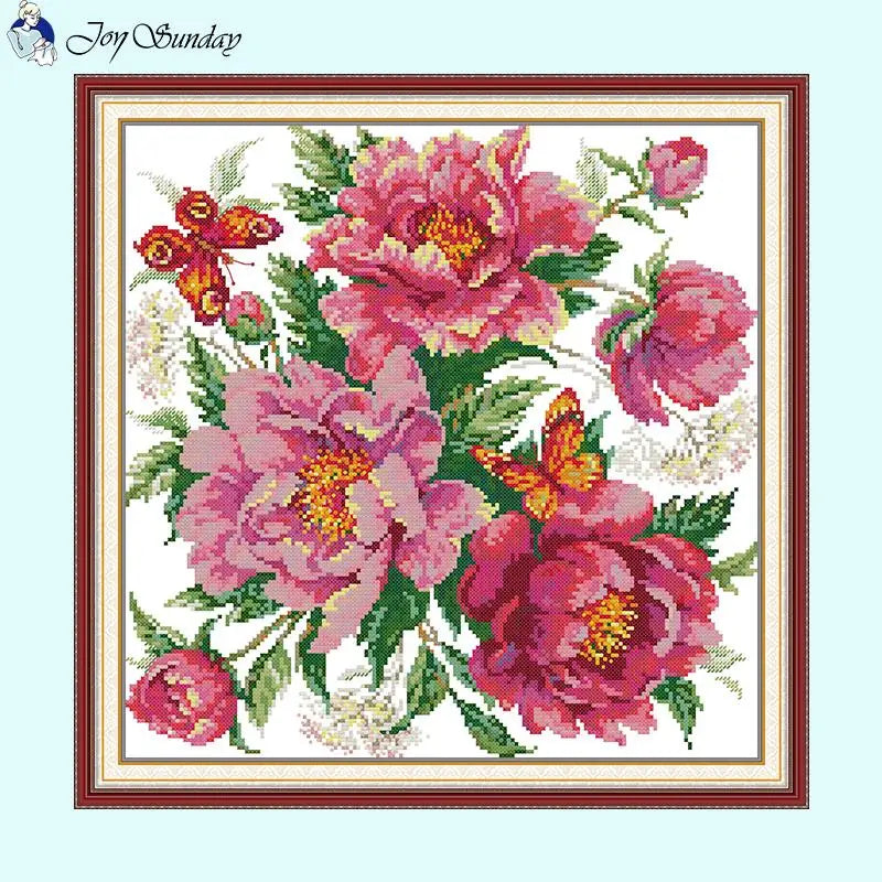 Peony Flower Floral Patterns Stitch Butterfly - AIMDIY