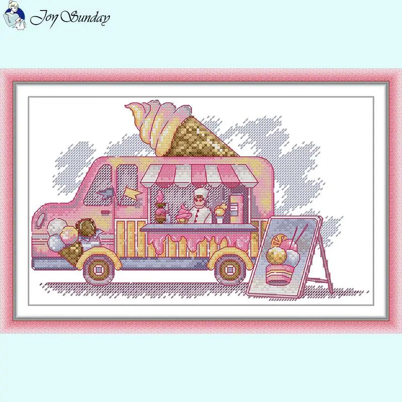 Pink Ice Cream Truck Counted Cross Stitch Kits - AIMDIY