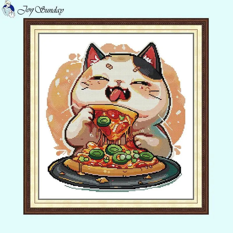 Pizza-loving Kitten DIY Kids Cross Stitch Kit with Stamped Canvas for Handmade Embroidery