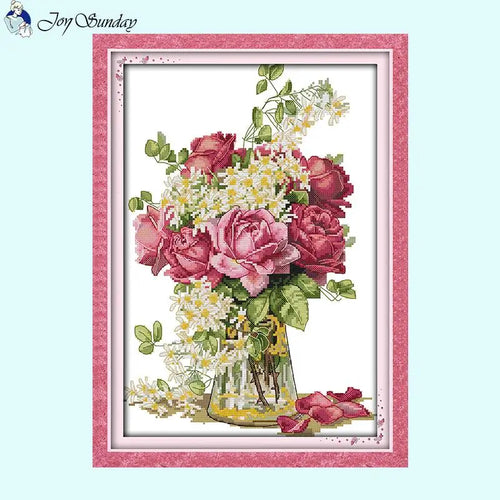 Raging Flowers Rose Vase Pattern 14CT Cross Stitch - AIMDIY