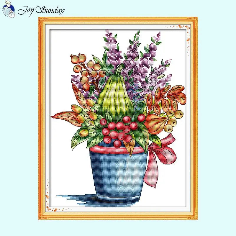 Red Berry Flower Basket Floral Pattern Cross Stitch 14CT - AIMDIY