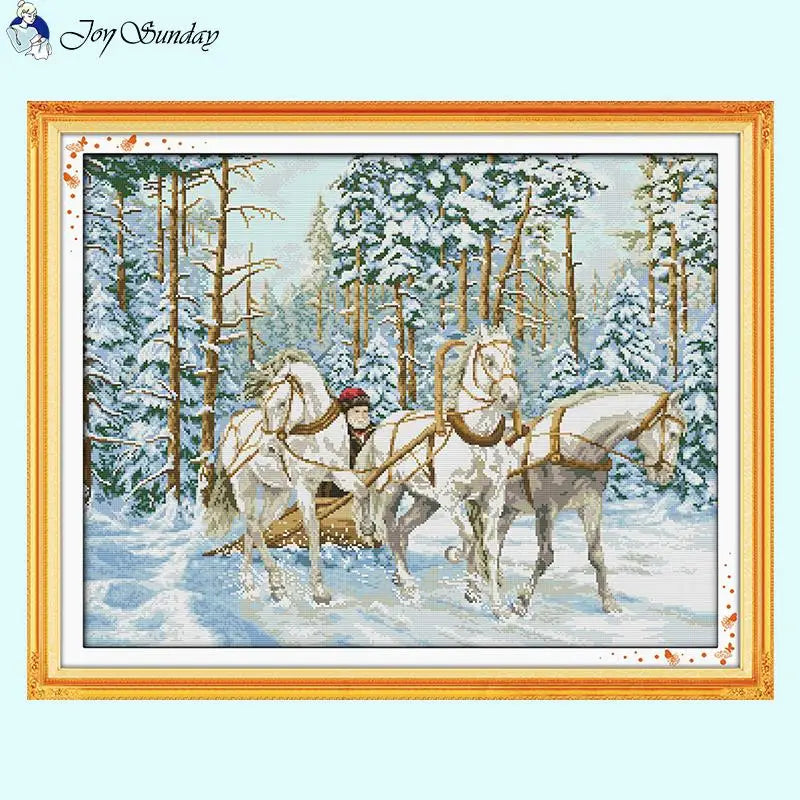 Snow Carriage Winter Animal Patterns Cross Stitch - AIMDIY