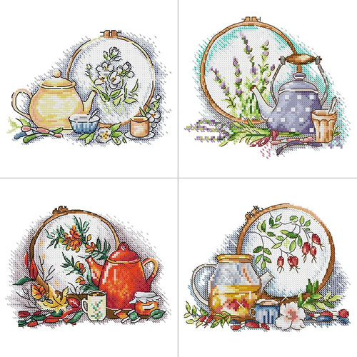 Tea Set and Embroidery Floral Pattern Cross Stitch Kits - AIMDIY