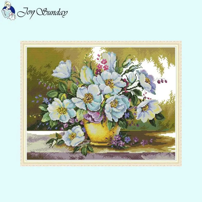 14CT White Flowers Floral Pattern Cross Stitch Kit - AIMDIY