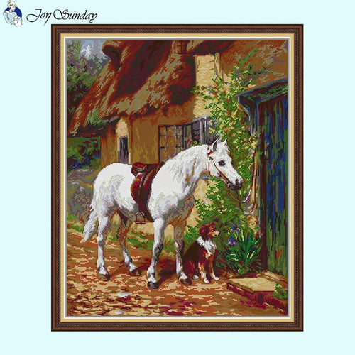 White Horse next to the house Joy Sunday Animal Cross Stitch Kits - AIMDIY