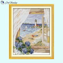 Load image into Gallery viewer, Window Seascape Printed Cross Stitch Embroidery Kit - AIMDIY
