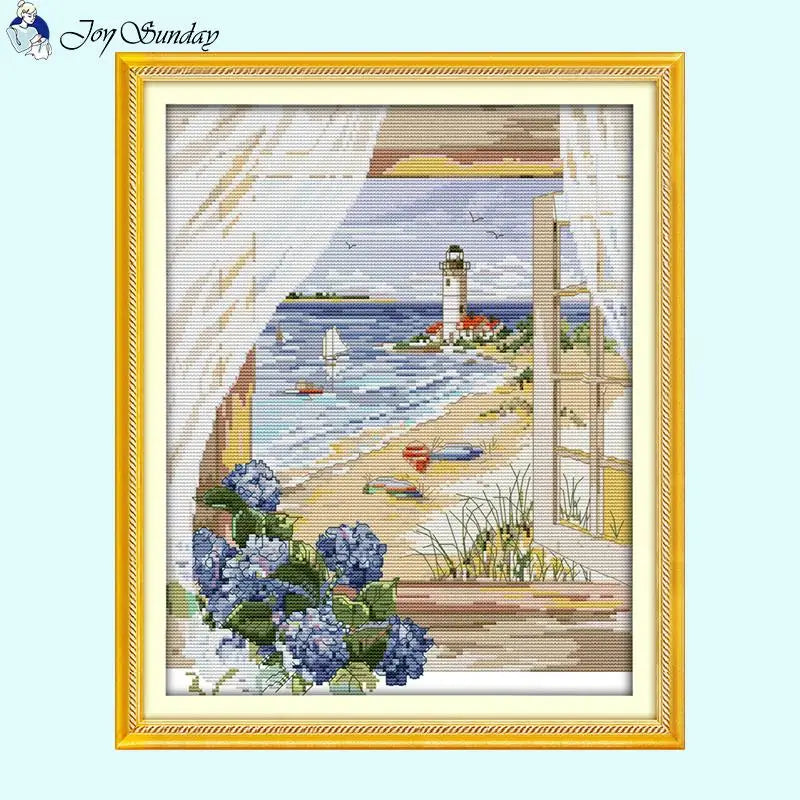 Window Seascape Printed Cross Stitch Embroidery Kit - AIMDIY