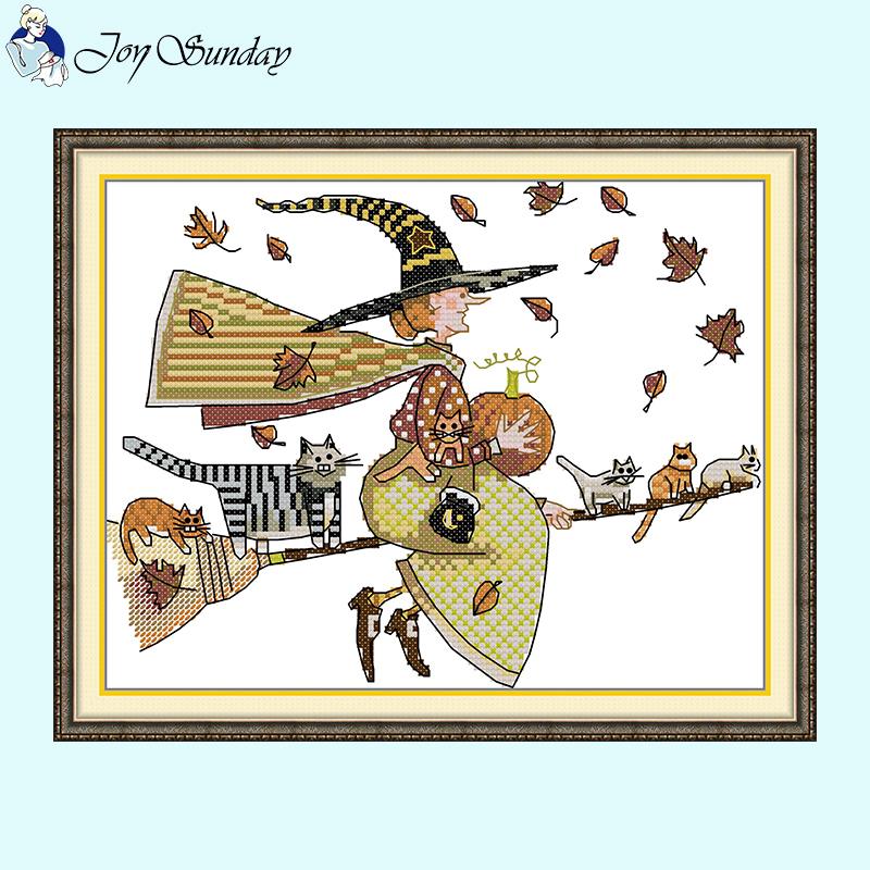 Witch and Cat Cartoon Pattern Cross Stitch Room Decor - AIMDIY