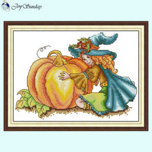 Load image into Gallery viewer, Witch and Pumpkin DIY Cartoon Character Pattern Cross Stitch Kit - AIMDIY
