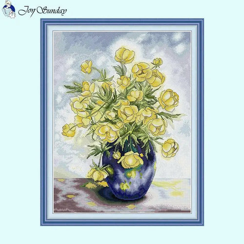 Yellow Flowers with Vase DIY Floral Stitch Kit Stamped Fabric - AIMDIY