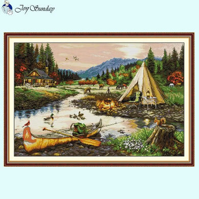 Golden Creek Scenery Pattern Cross Stitch Kit with Stamped Canvas for Handmade Embroidery