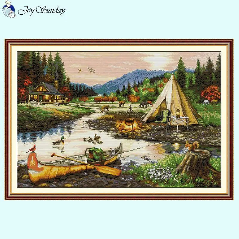 Golden Creek Scenery Pattern Cross Stitch Kit with Stamped Canvas for Handmade Embroidery