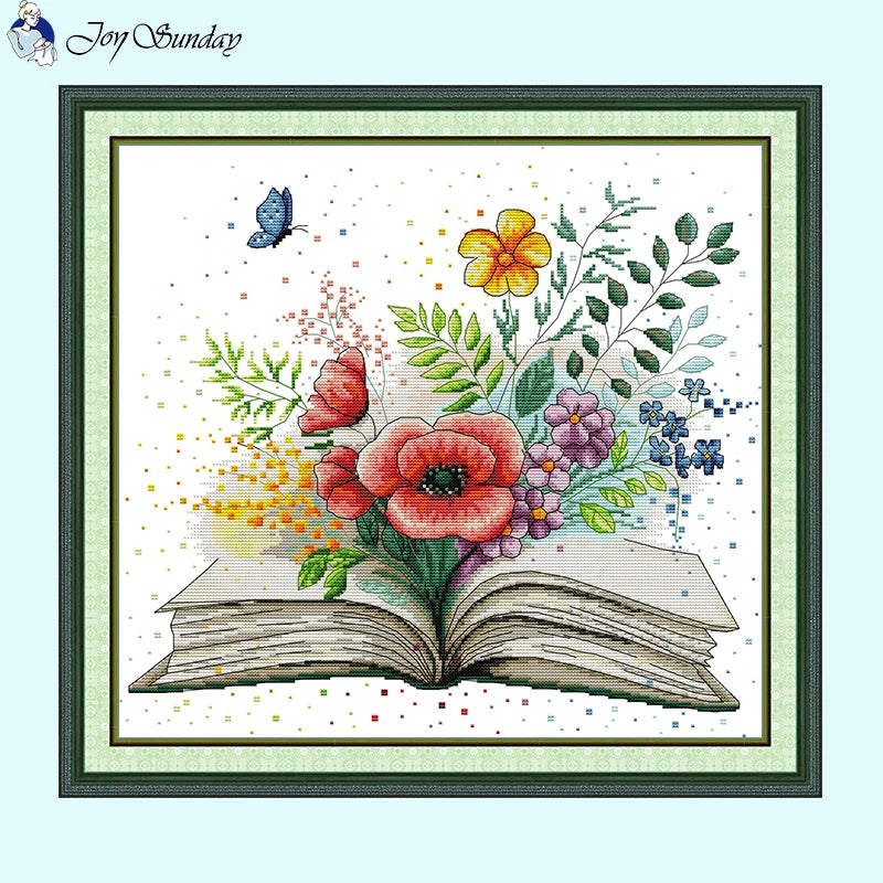 Spring in the Book Floral Cross Stitch Kit with Stamped Canvas for Handmade Embroidery